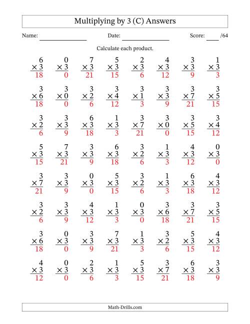 The Multiplying (0 to 7) by 3 (64 Questions) (C) Math Worksheet Page 2