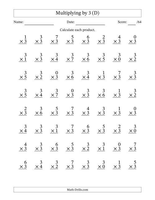 The Multiplying (0 to 7) by 3 (64 Questions) (D) Math Worksheet