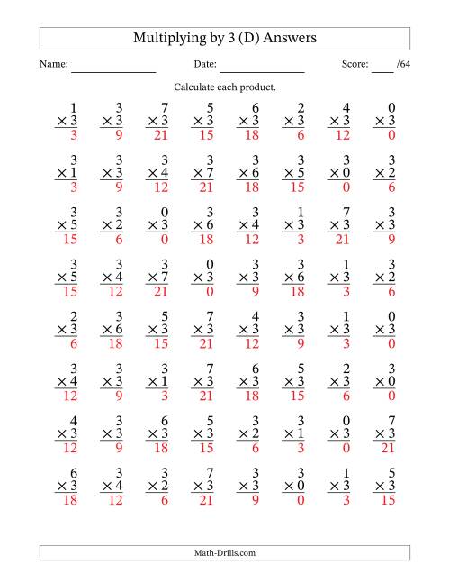 The Multiplying (0 to 7) by 3 (64 Questions) (D) Math Worksheet Page 2