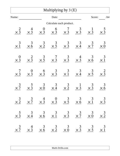 The Multiplying (0 to 7) by 3 (64 Questions) (E) Math Worksheet