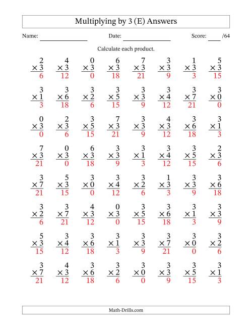 The Multiplying (0 to 7) by 3 (64 Questions) (E) Math Worksheet Page 2