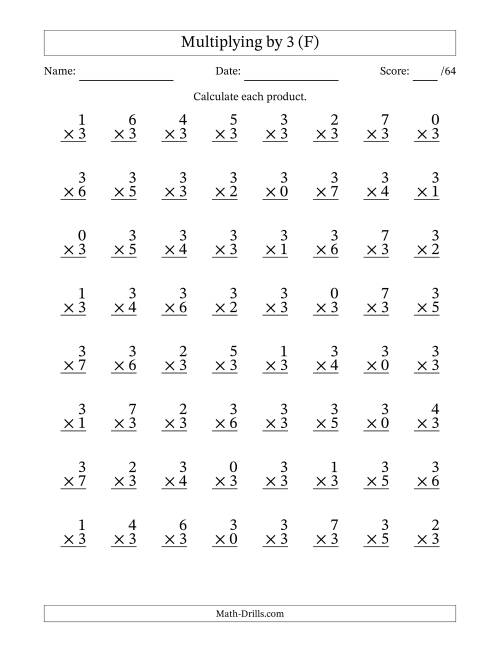 The Multiplying (0 to 7) by 3 (64 Questions) (F) Math Worksheet