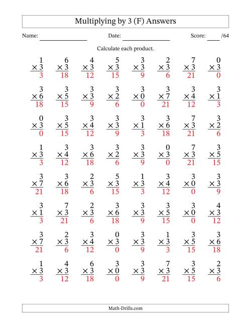 The Multiplying (0 to 7) by 3 (64 Questions) (F) Math Worksheet Page 2