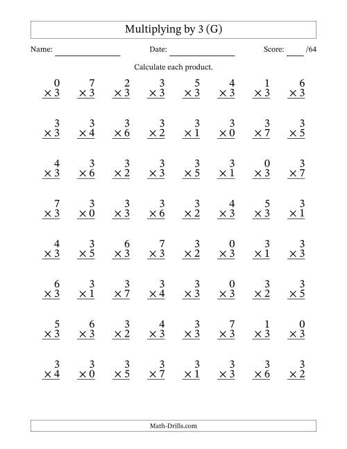 The Multiplying (0 to 7) by 3 (64 Questions) (G) Math Worksheet