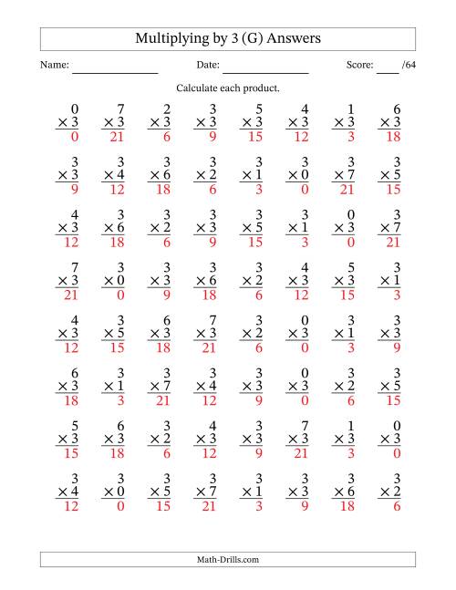 The Multiplying (0 to 7) by 3 (64 Questions) (G) Math Worksheet Page 2