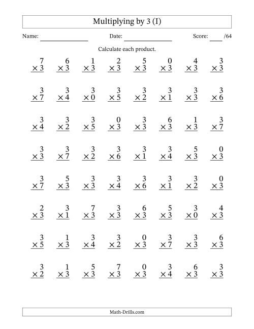 The Multiplying (0 to 7) by 3 (64 Questions) (I) Math Worksheet