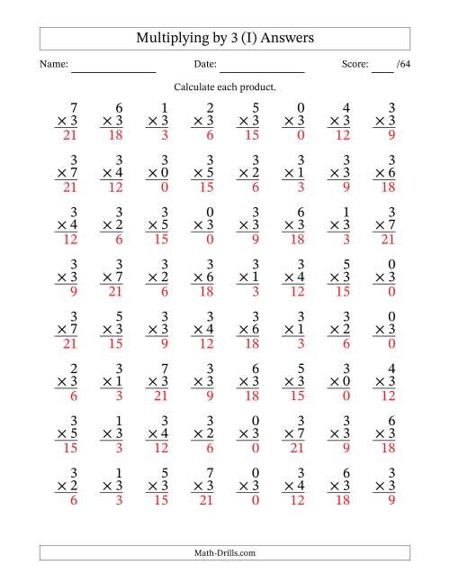 The Multiplying (0 to 7) by 3 (64 Questions) (I) Math Worksheet Page 2