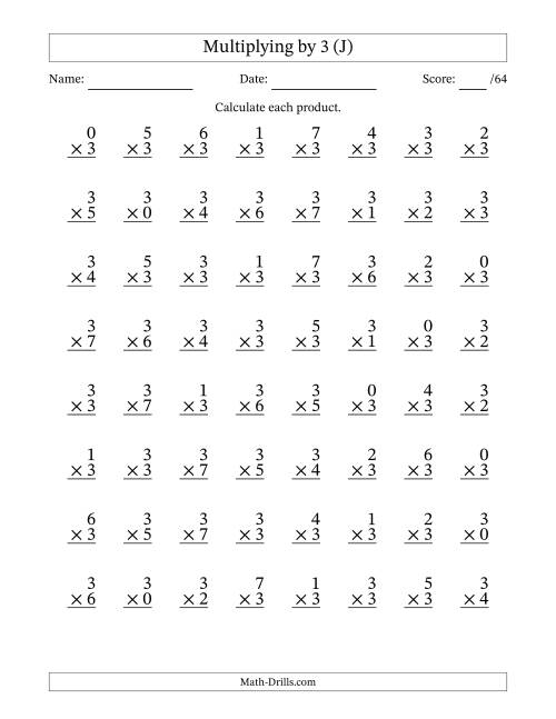 The Multiplying (0 to 7) by 3 (64 Questions) (J) Math Worksheet
