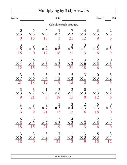 The Multiplying (0 to 7) by 3 (64 Questions) (J) Math Worksheet Page 2