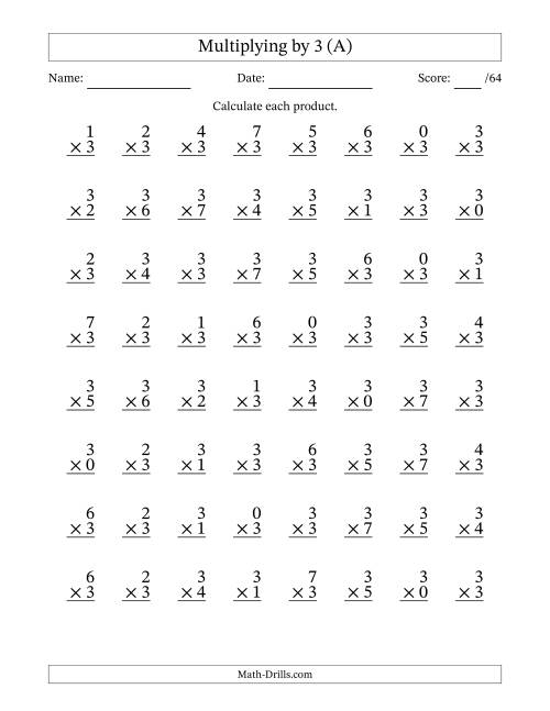 The Multiplying (0 to 7) by 3 (64 Questions) (All) Math Worksheet