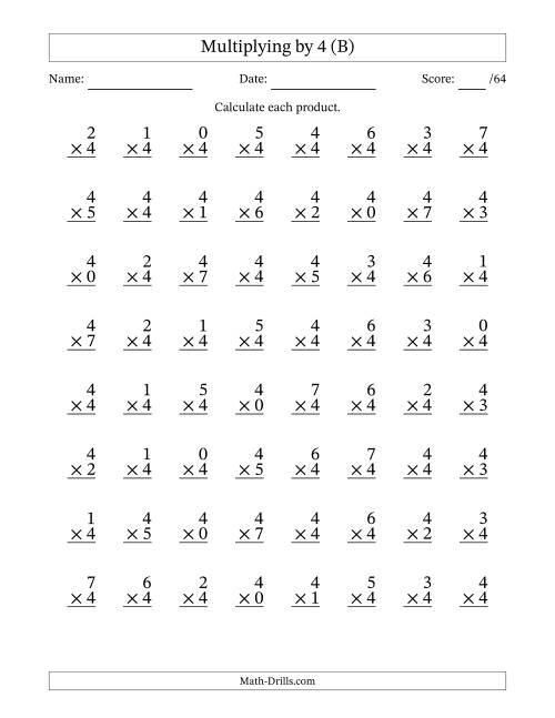 The Multiplying (0 to 7) by 4 (64 Questions) (B) Math Worksheet