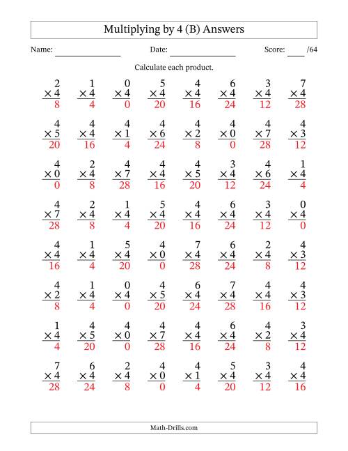 The Multiplying (0 to 7) by 4 (64 Questions) (B) Math Worksheet Page 2