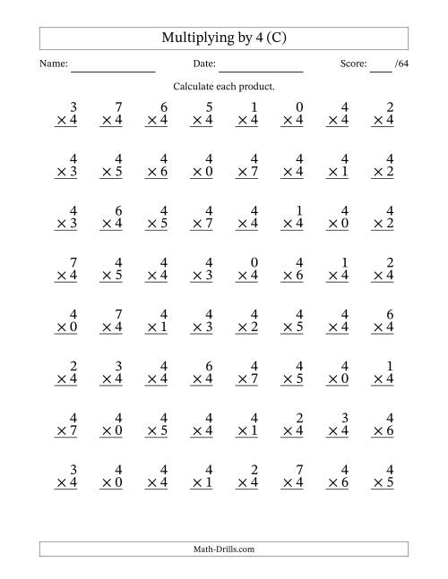 The Multiplying (0 to 7) by 4 (64 Questions) (C) Math Worksheet