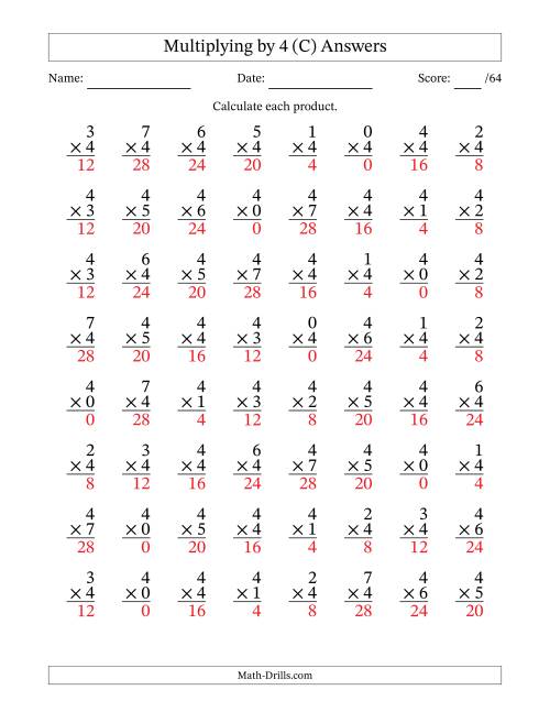 The Multiplying (0 to 7) by 4 (64 Questions) (C) Math Worksheet Page 2