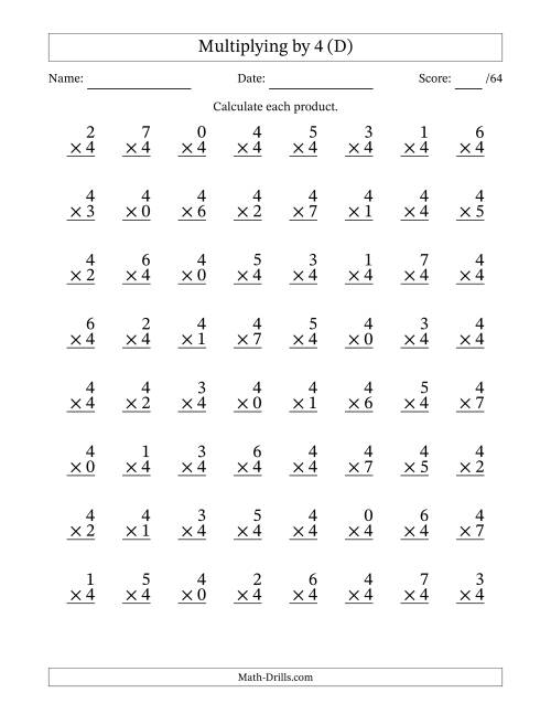 The Multiplying (0 to 7) by 4 (64 Questions) (D) Math Worksheet