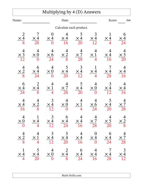 The Multiplying (0 to 7) by 4 (64 Questions) (D) Math Worksheet Page 2
