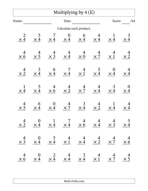 The Multiplying (0 to 7) by 4 (64 Questions) (E) Math Worksheet