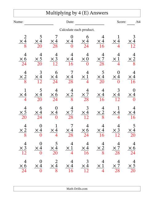The Multiplying (0 to 7) by 4 (64 Questions) (E) Math Worksheet Page 2