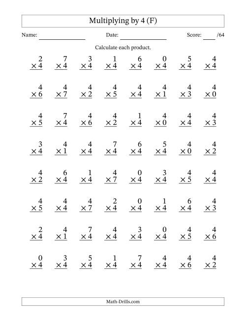 The Multiplying (0 to 7) by 4 (64 Questions) (F) Math Worksheet