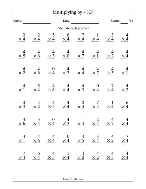 The Multiplying (0 to 7) by 4 (64 Questions) (G) Math Worksheet