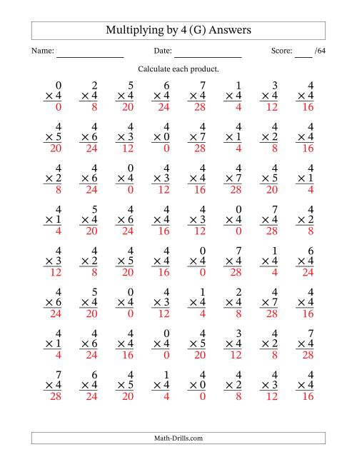 The Multiplying (0 to 7) by 4 (64 Questions) (G) Math Worksheet Page 2