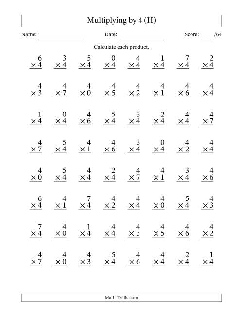 The Multiplying (0 to 7) by 4 (64 Questions) (H) Math Worksheet