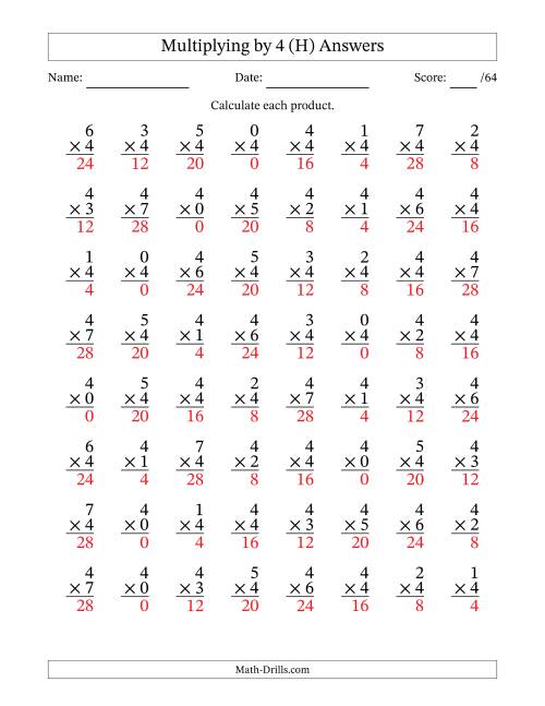 The Multiplying (0 to 7) by 4 (64 Questions) (H) Math Worksheet Page 2