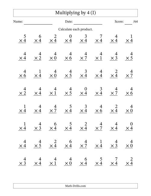 The Multiplying (0 to 7) by 4 (64 Questions) (I) Math Worksheet