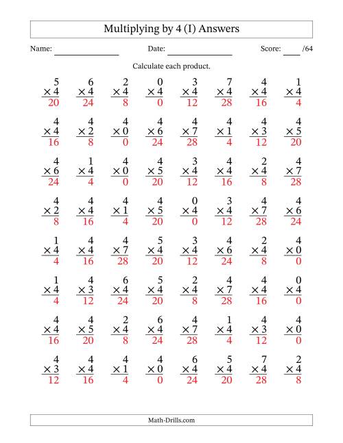 The Multiplying (0 to 7) by 4 (64 Questions) (I) Math Worksheet Page 2