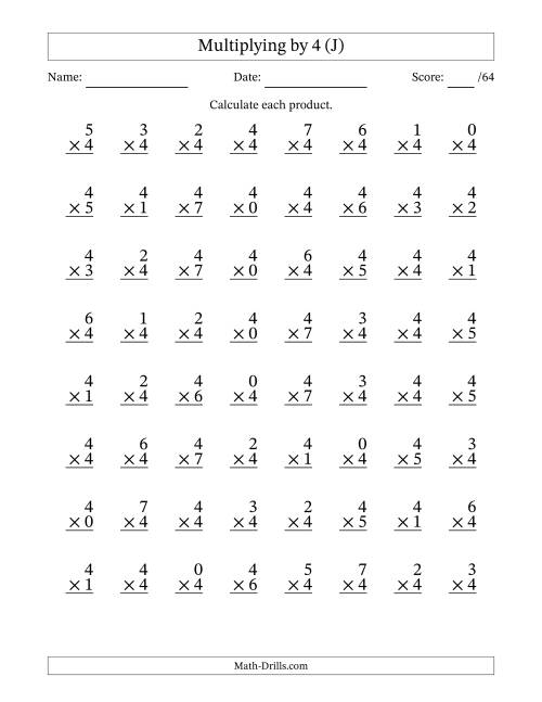 The Multiplying (0 to 7) by 4 (64 Questions) (J) Math Worksheet