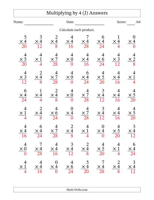 The Multiplying (0 to 7) by 4 (64 Questions) (J) Math Worksheet Page 2
