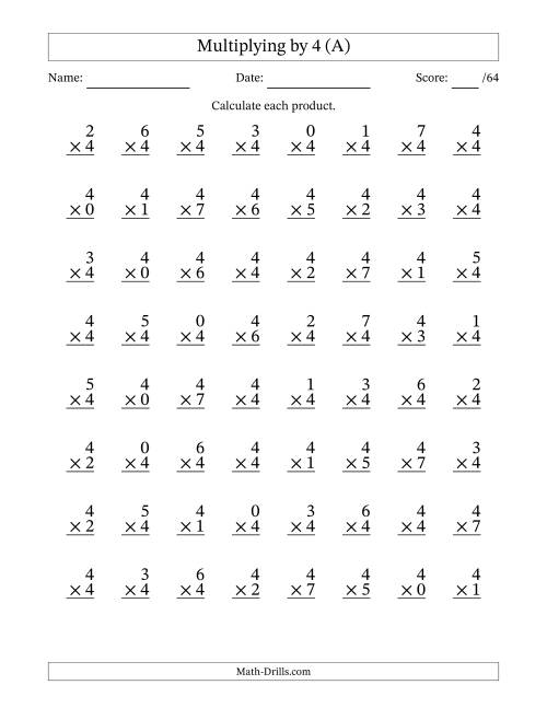 The Multiplying (0 to 7) by 4 (64 Questions) (All) Math Worksheet