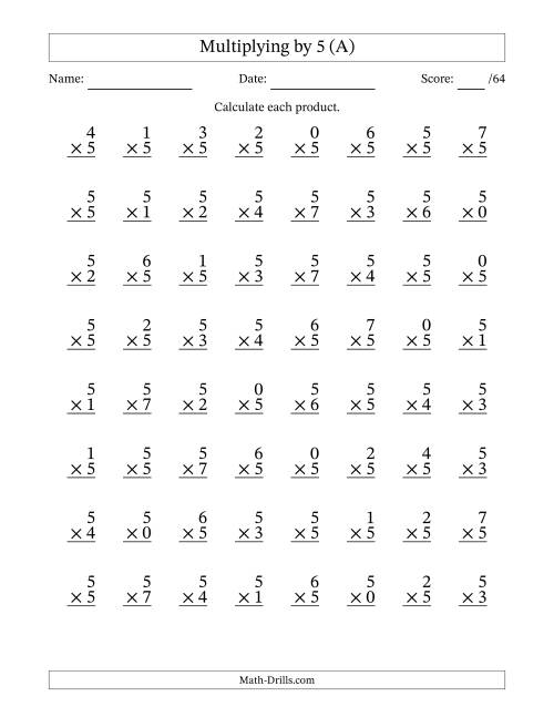 The Multiplying (0 to 7) by 5 (64 Questions) (A) Math Worksheet