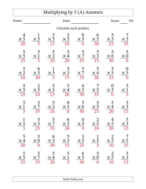 The Multiplying (0 to 7) by 5 (64 Questions) (A) Math Worksheet Page 2