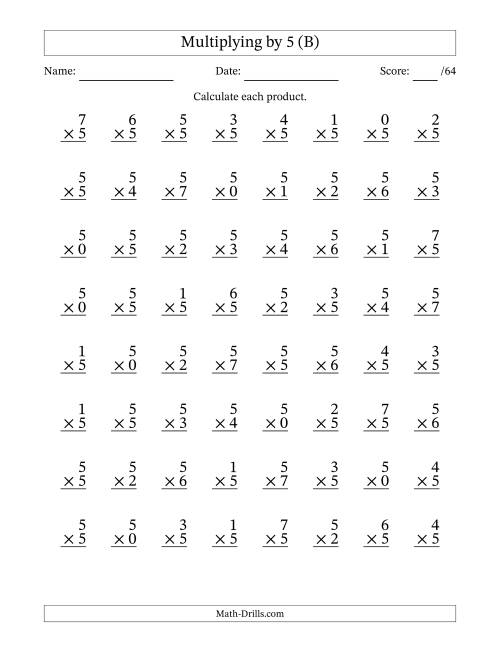 The Multiplying (0 to 7) by 5 (64 Questions) (B) Math Worksheet