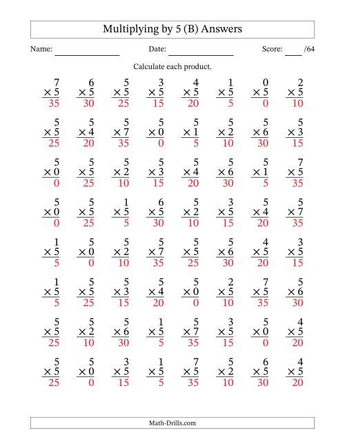 The Multiplying (0 to 7) by 5 (64 Questions) (B) Math Worksheet Page 2