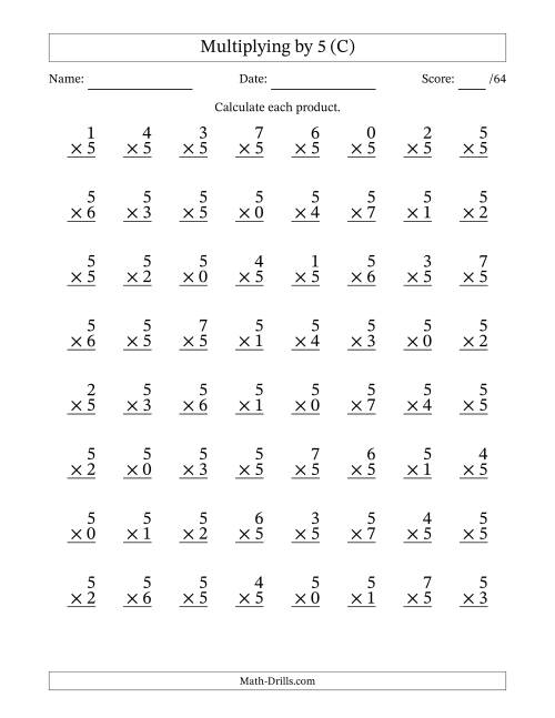 The Multiplying (0 to 7) by 5 (64 Questions) (C) Math Worksheet