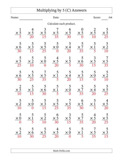 The Multiplying (0 to 7) by 5 (64 Questions) (C) Math Worksheet Page 2