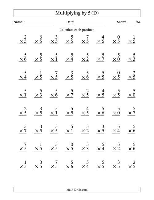 The Multiplying (0 to 7) by 5 (64 Questions) (D) Math Worksheet