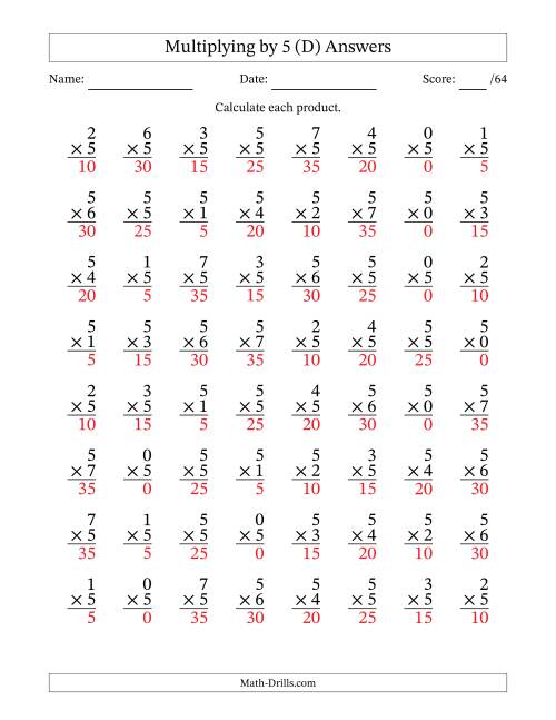 The Multiplying (0 to 7) by 5 (64 Questions) (D) Math Worksheet Page 2