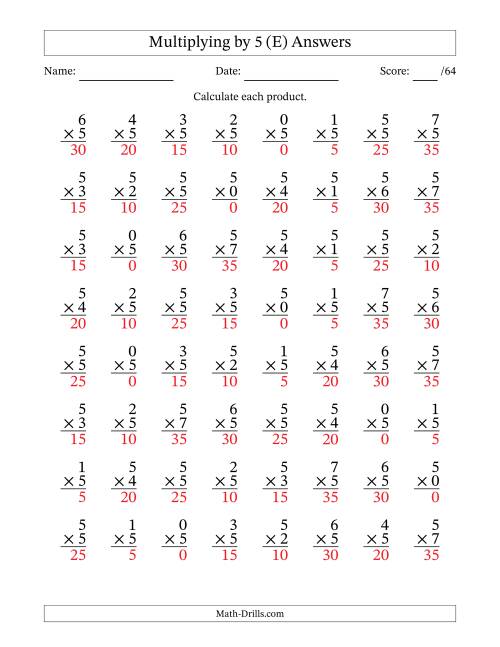 The Multiplying (0 to 7) by 5 (64 Questions) (E) Math Worksheet Page 2