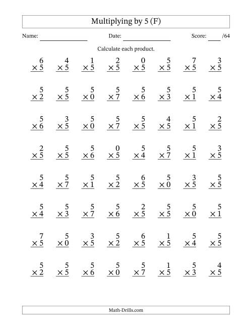 The Multiplying (0 to 7) by 5 (64 Questions) (F) Math Worksheet