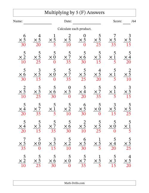 The Multiplying (0 to 7) by 5 (64 Questions) (F) Math Worksheet Page 2