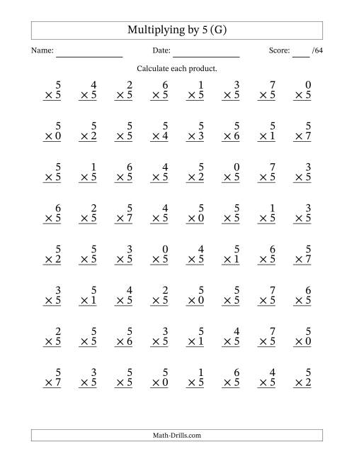 The Multiplying (0 to 7) by 5 (64 Questions) (G) Math Worksheet