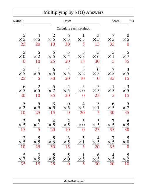 The Multiplying (0 to 7) by 5 (64 Questions) (G) Math Worksheet Page 2