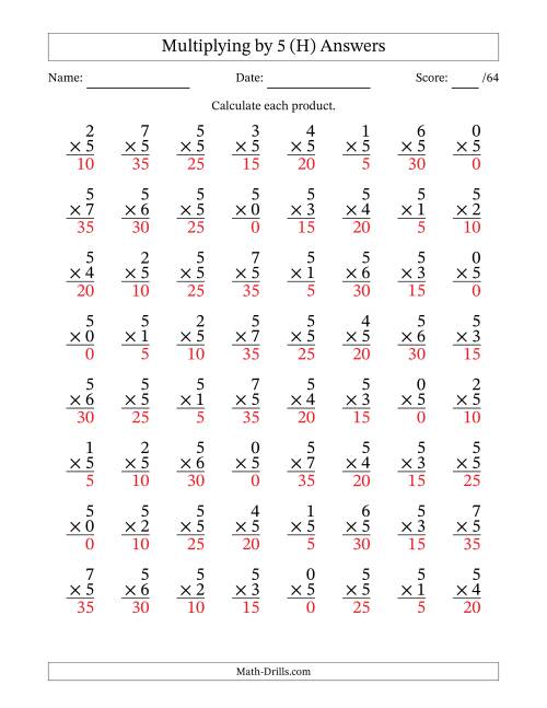 The Multiplying (0 to 7) by 5 (64 Questions) (H) Math Worksheet Page 2