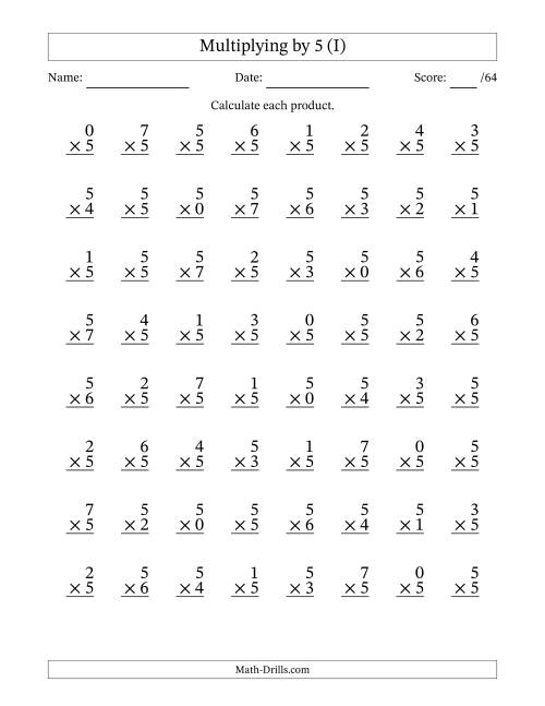 The Multiplying (0 to 7) by 5 (64 Questions) (I) Math Worksheet