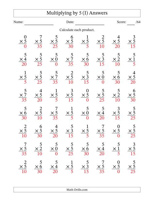 The Multiplying (0 to 7) by 5 (64 Questions) (I) Math Worksheet Page 2