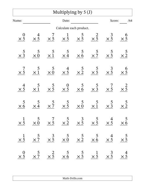 The Multiplying (0 to 7) by 5 (64 Questions) (J) Math Worksheet