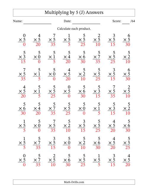The Multiplying (0 to 7) by 5 (64 Questions) (J) Math Worksheet Page 2